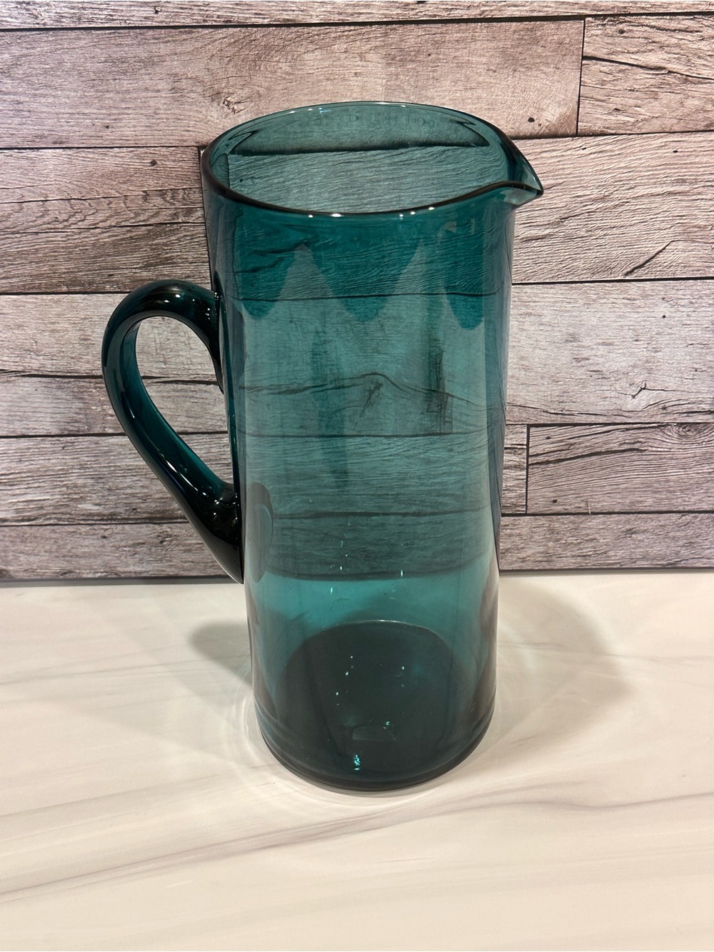 Vintage Hand Blown Teal Blue Glass Pitcher Mid Century Modern MCM Water Carafe